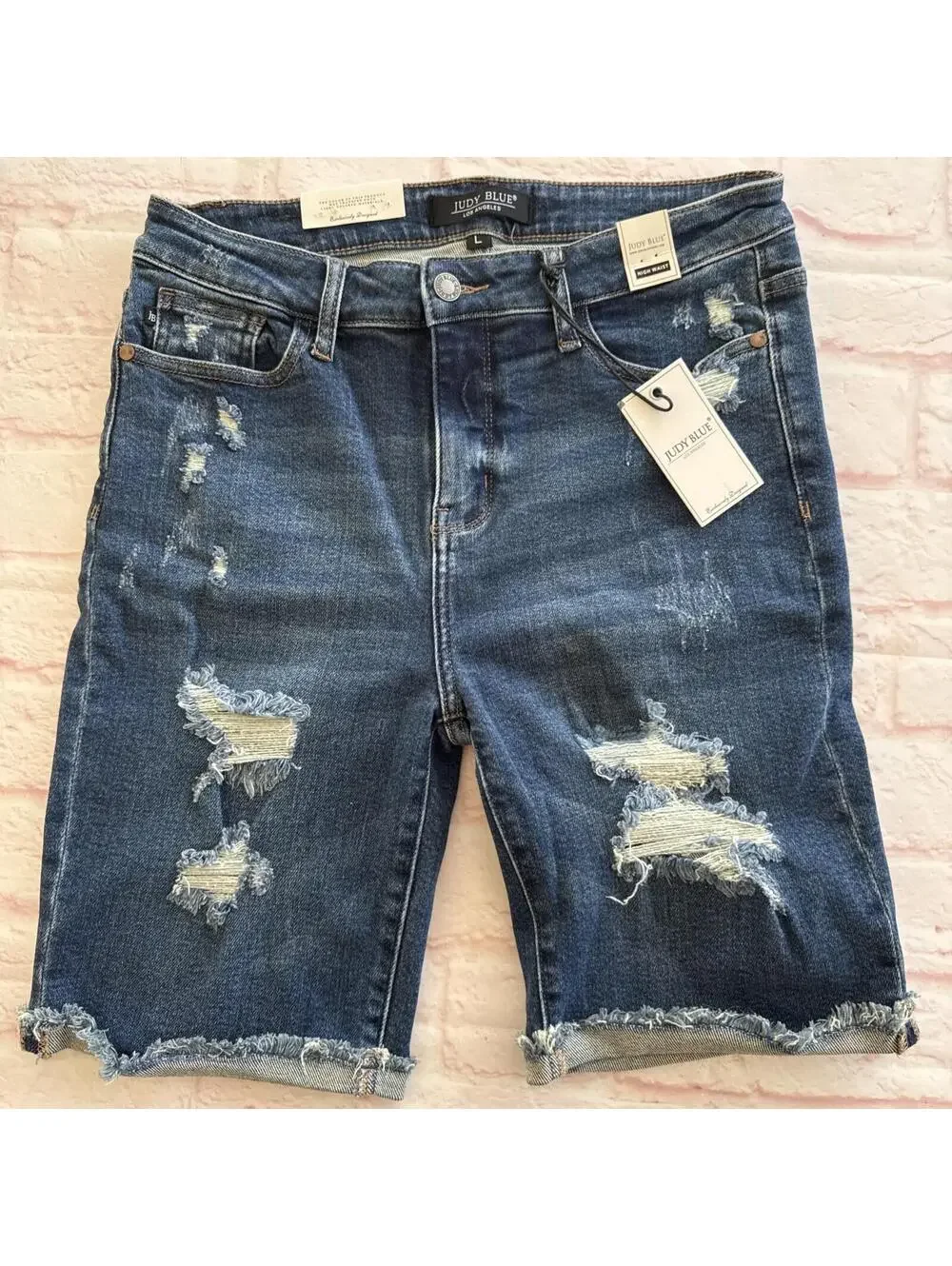 Judy Blue JB150045 Distressed High Waist Dark Blue Denim Jean Cutoff Shorts L - Picture 7 of 8
